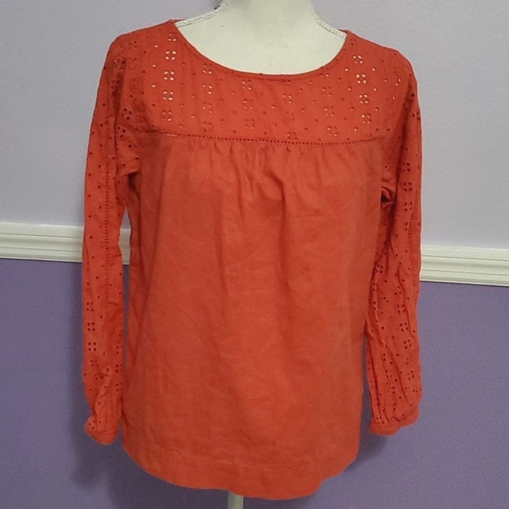 J. Crew Mercantile Burnt Orange Boho Romantic Eyelet Linen Blend Peasant Top XS